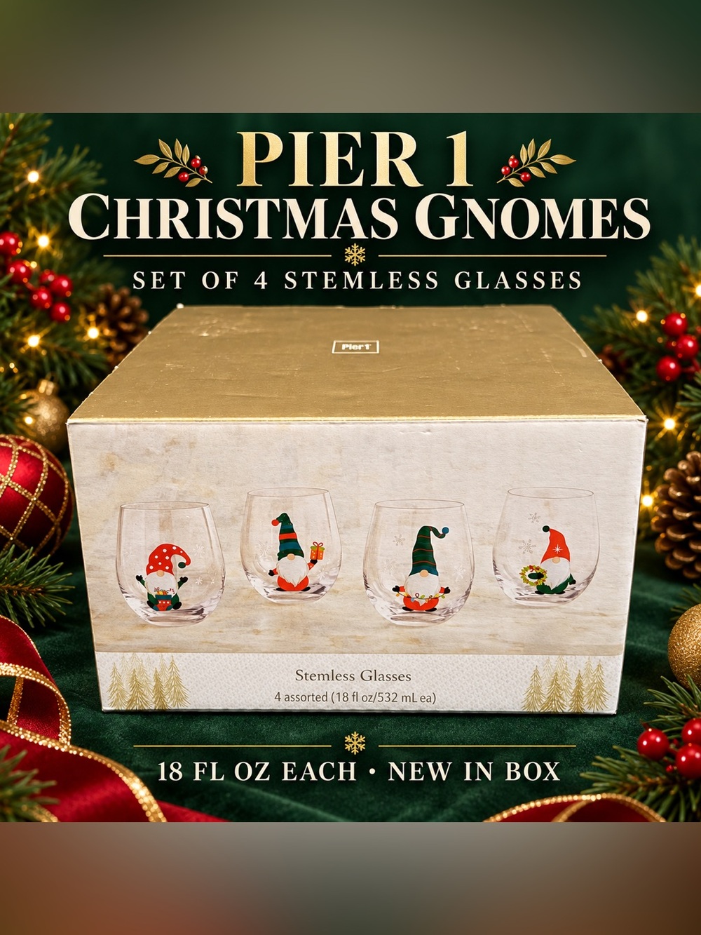 Pier 1 Christmas Gnome Stemless Glasses Set of 4, 18 oz, New in Box